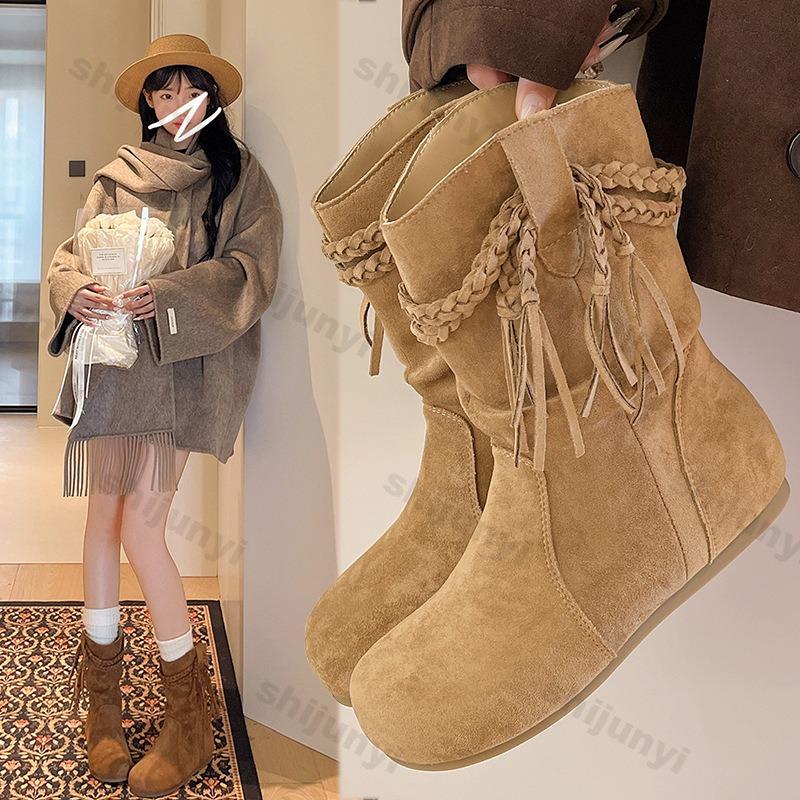 Fashion Women's Short Boots 2025 Autumn New Vintage Suede Casual Ankle Botas Women Solid Tassel Flat Bottom Females Shoes Botas Mujer