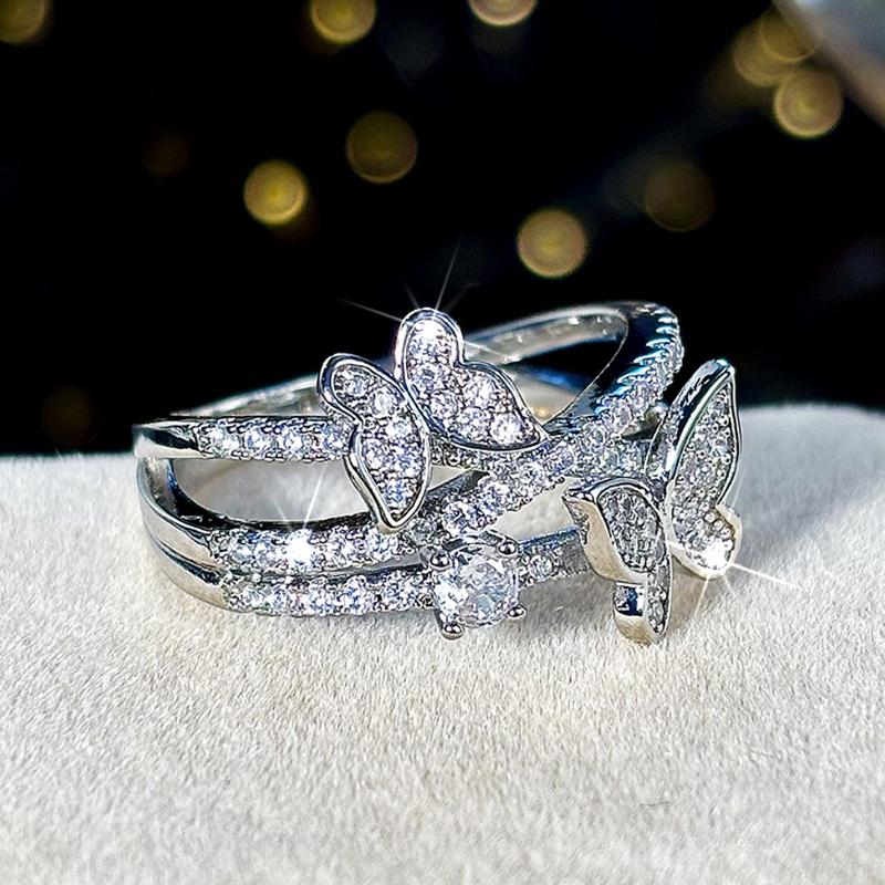 Huitan Romantic Rings with Double Butterfly Shiny Cubic Zirconia Finger Accessories Sweet Exquisite Graceful Jewelry for Wedding