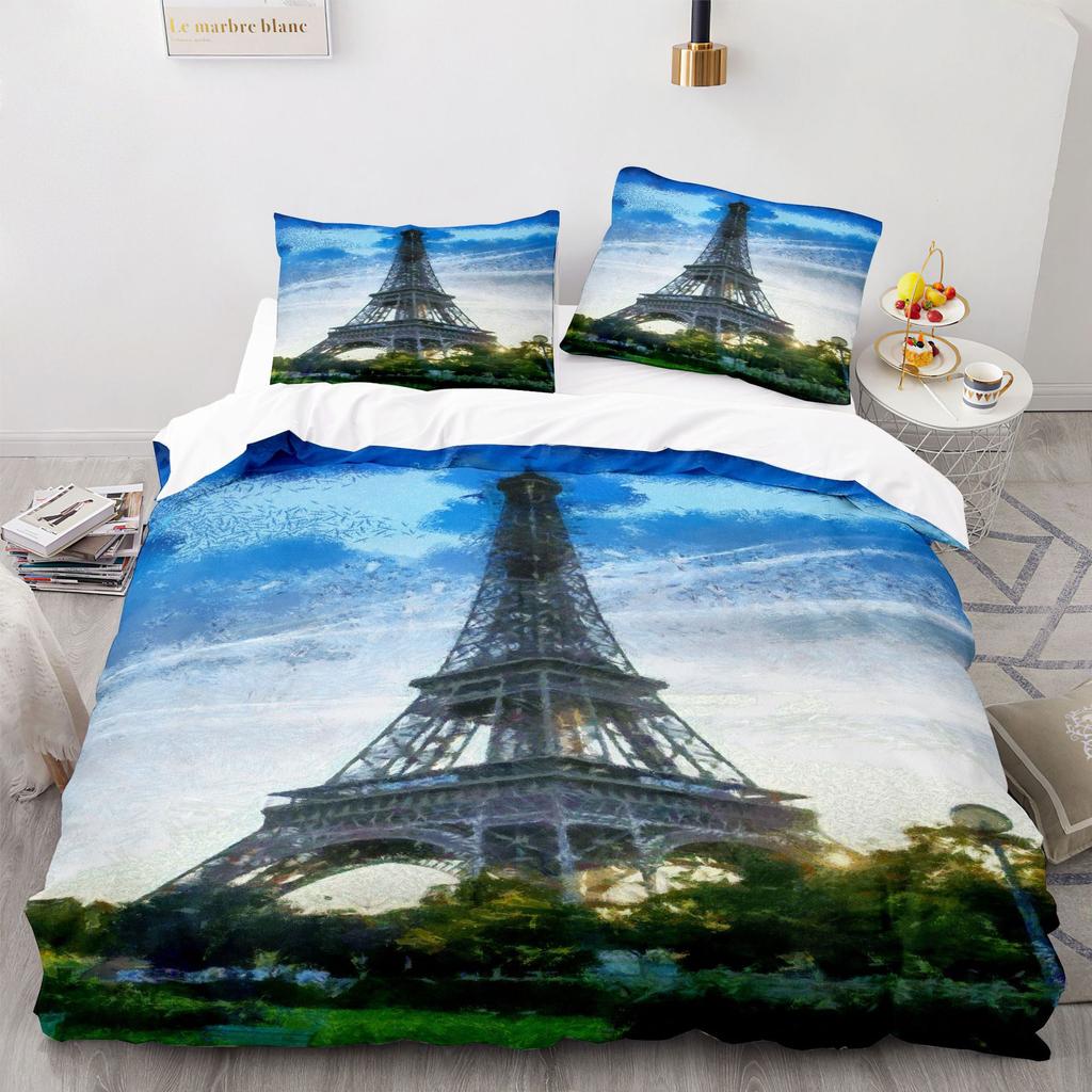 Paris Tower Pattern Duvet Cover, Cartoon City Architecture Bedding Set,Tower Quilt Cover for Kids Adults Bedroom Decoration