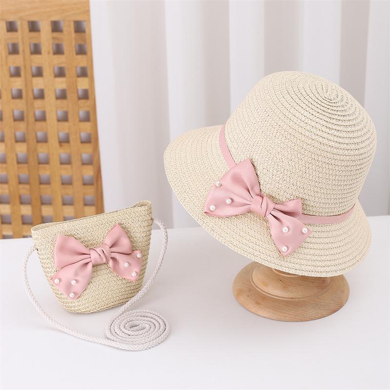 Kids Summer Wide Brim Floppy Straw Hat and Bag Set Beach Sun Visor Cap Cute Bow Baby Birthday Gift for Girls Fisherman Hats