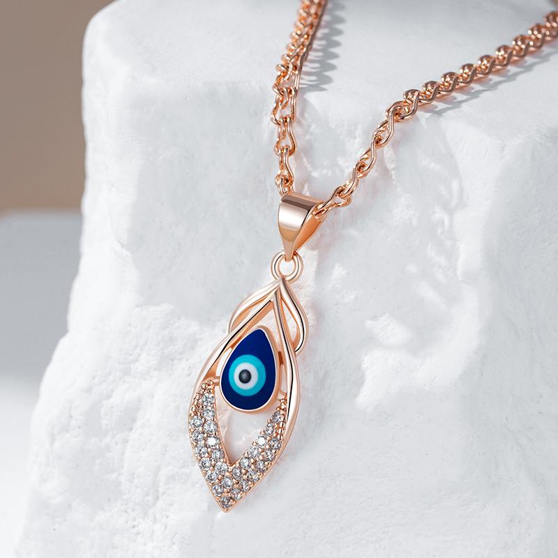 Fashion  Rose Gold Color Blue Enamel Pendant Necklace For Women Girl Wedding Party Natural Zircon Retro Jewelry