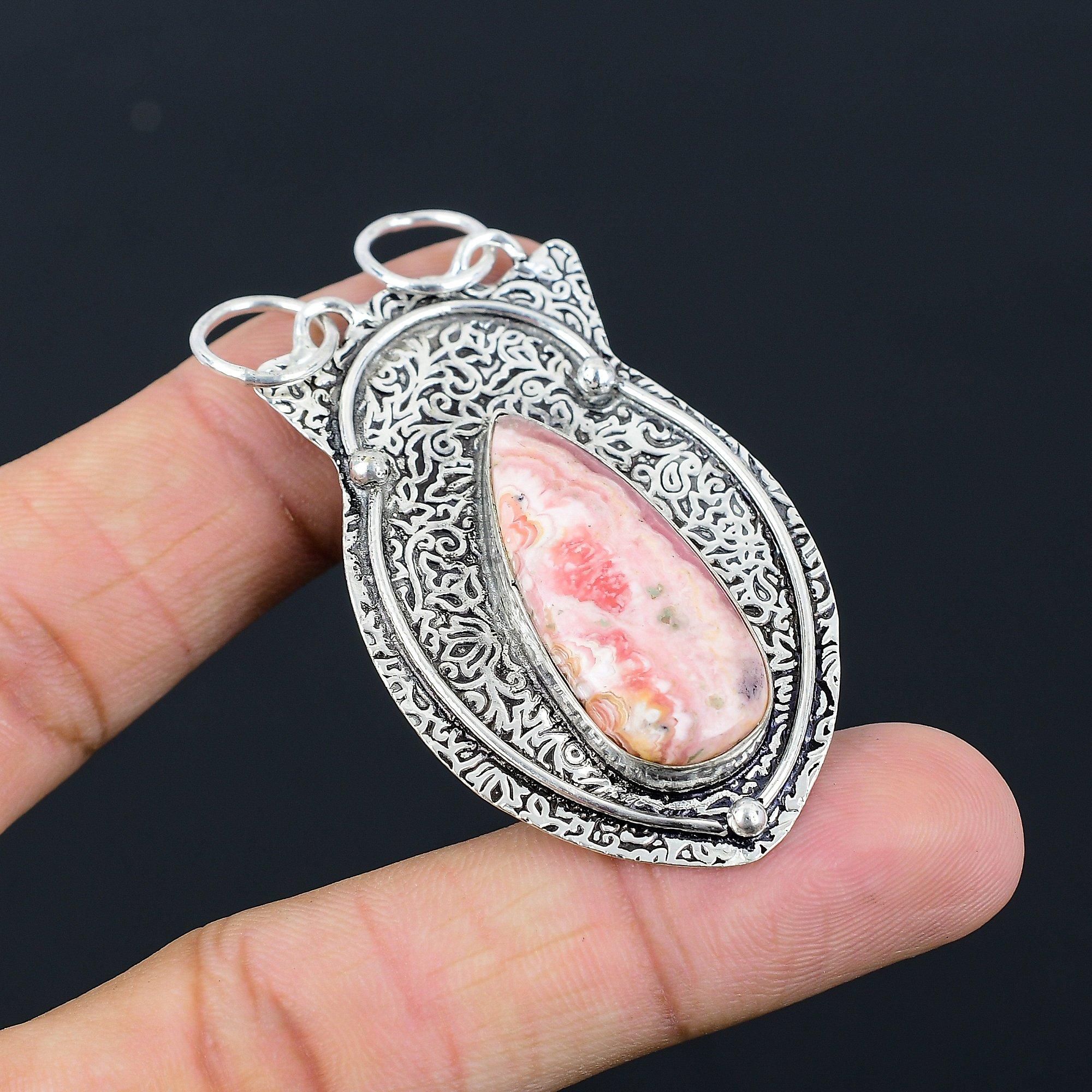 Daughters Day Sale Pear Rhodochrosite Stone 925 Silver Birthday Pendant Jewelry