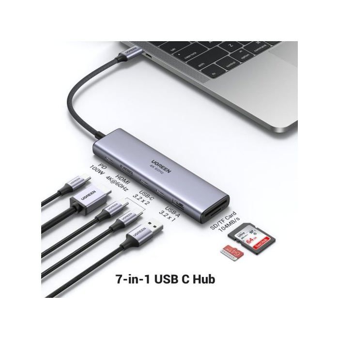 Hub USB-C Ugreen Revodok 7 em 1 HDMI 4K60Hz 2xUSB-C3.2 USB-A3.2 SD/TF PD100W Cinzento