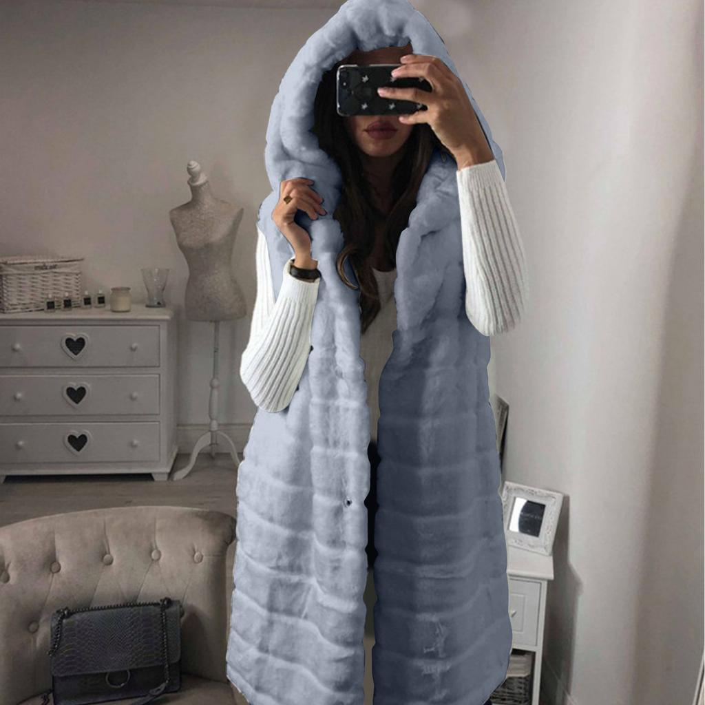 Dámská móda Plyšová vesta bez rukávů Mikina s kapucí z umělé kožešiny Top kabát Outwear
