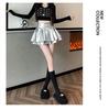 Women's High-Waist Silver Pleated A-Line Skirt with Built-In Shorts - Petite Fit, Leather, Autumn Style