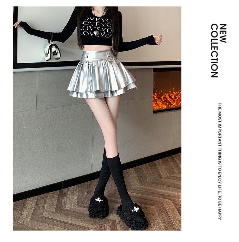 Women's High-Waist Silver Pleated A-Line Skirt with Built-In Shorts - Petite Fit, Leather, Autumn Style