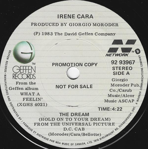7-дюймовая пластинка IRENE CARA The Dream Hold On To Your Dream 9293967PROMO Geffen Records 1984 Канада Поп Б/у
