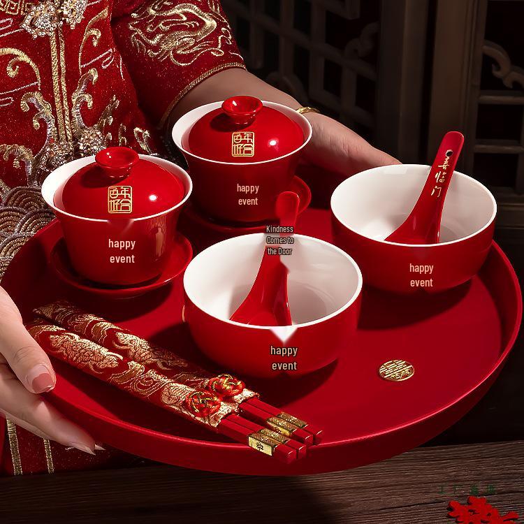 Festive Red Wedding Tea Set: Lidded Bowls, Tea Cups, and Chopsticks