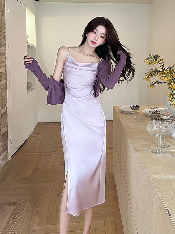 Elegant Summer French Satin Cowl Neck Spaghetti Strap Dress with Beaded Slit