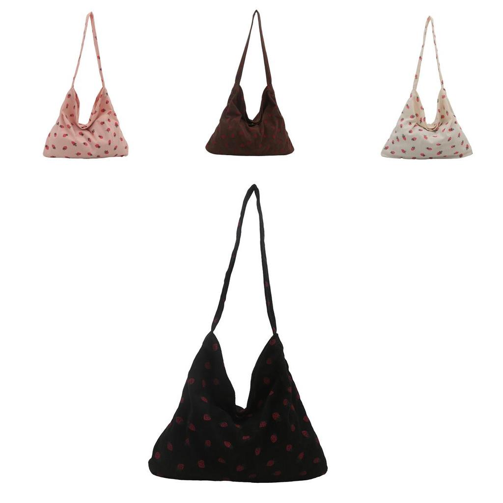Corduroy Strawberry Print Tote Bag With Magnetic Closure For Daily Use