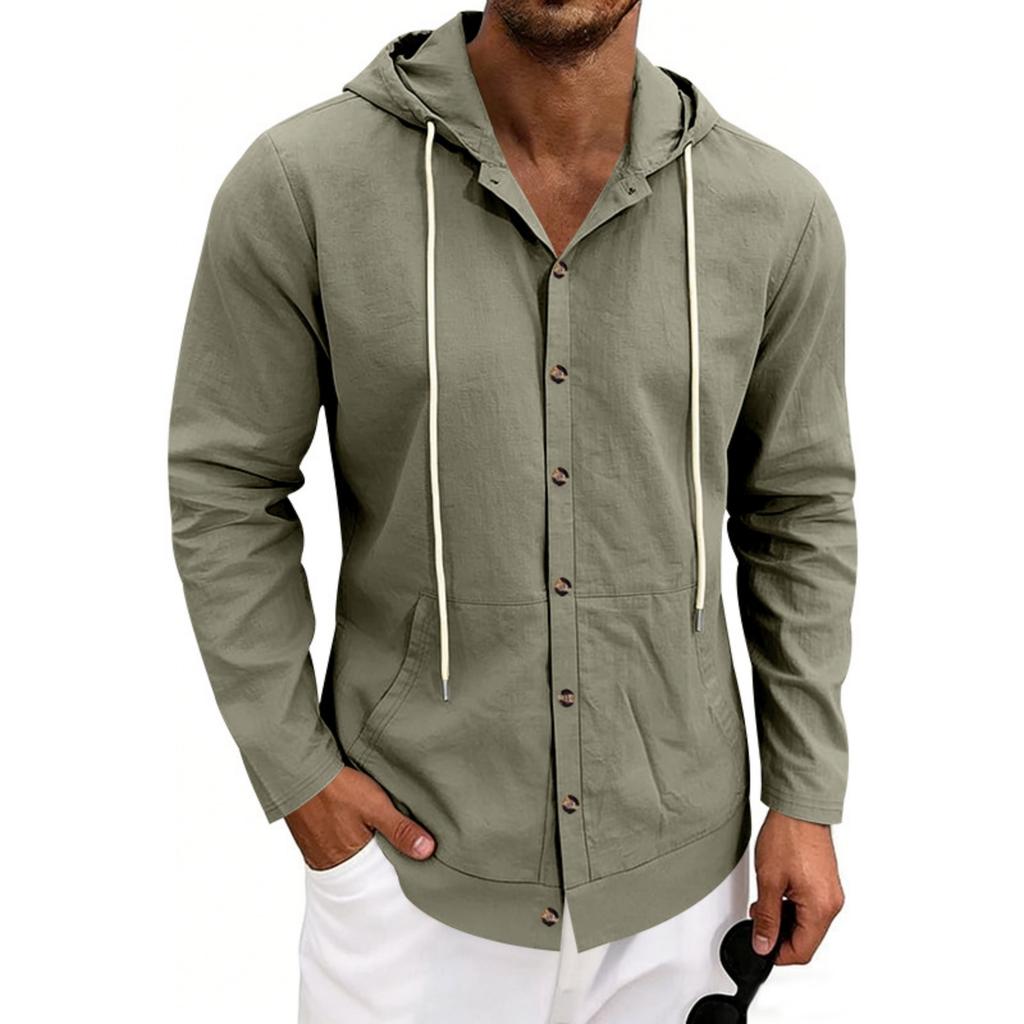 Men's Linen Casual Hooded Long Sleeve Cardigan Shirt for Beach Summer