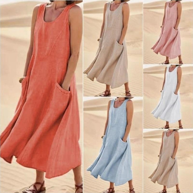 Summer European Style Sleeveless Round Neck Women Clothing Cotton Maxi Dress