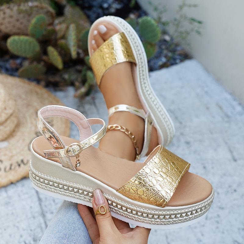 Schuhe für Damen 2026 Sommer Mode Damen Peep Toe Plateau Keilsandalen Riemchen mit Schnalle Übergröße Sandalen Gold Damen Schuhwerk