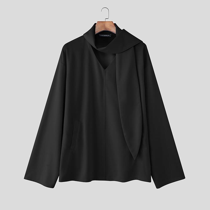 INCERUN Men Oversized Tie Up Long Sleeve Solid Casual Loose Pullovers Tops