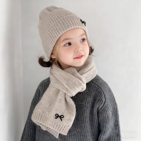 2Pcs/Set Children Hat Scarf Set Bow Knitted Hood Windproof Neck Scarf Set Thickened Soft Warm Cozy Autumn Winter Wear