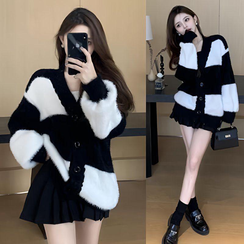 Women's Striped Knit Loose Mink Sweater - Korean Style Soft Thick Cardigan for Autumn/Winter