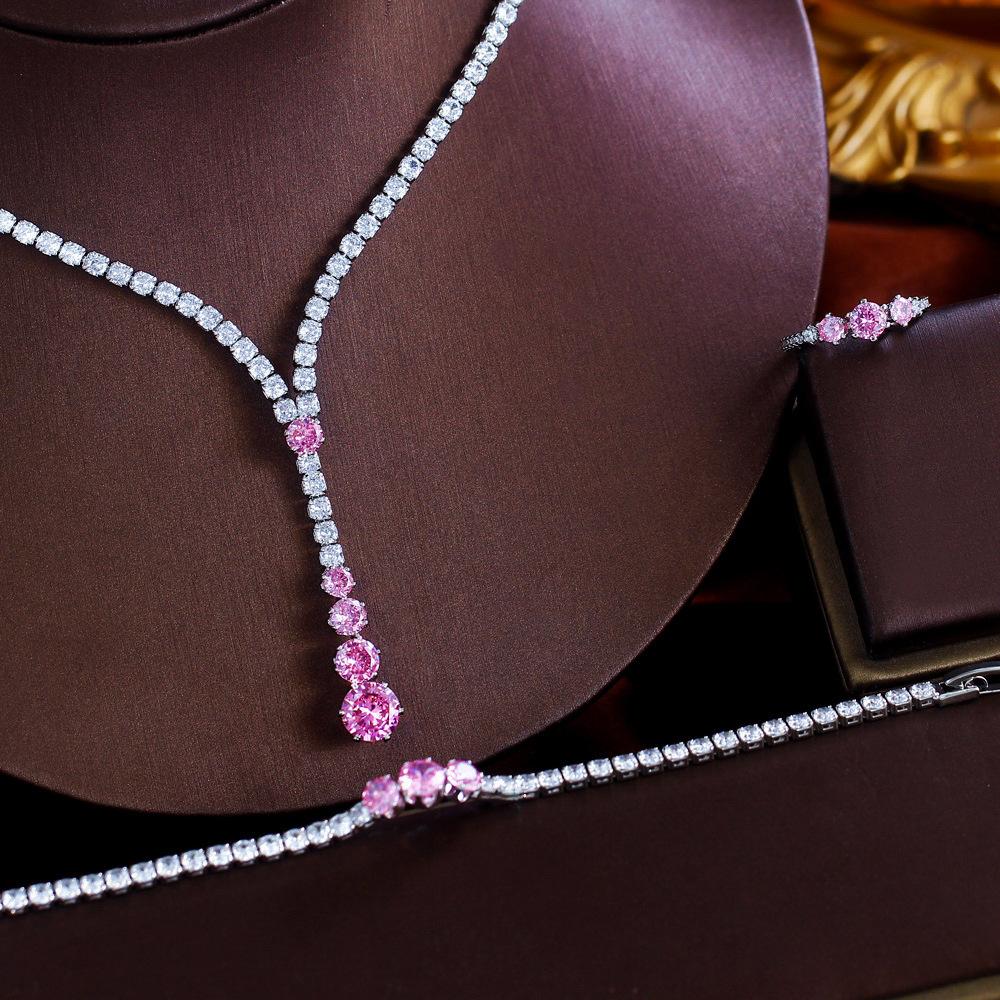 French Light Luxury High Sense Princess Pink Zircon Necklace Earrings Bracelet Ring Four-Piece Set Dinner Dress Set Chain