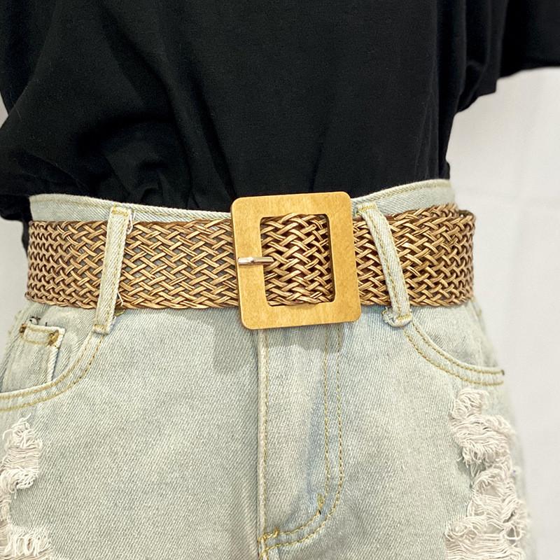 Womens Minimalist Pu Fabric Belt With Wooden Buckle For Chic Office And Casual Looks