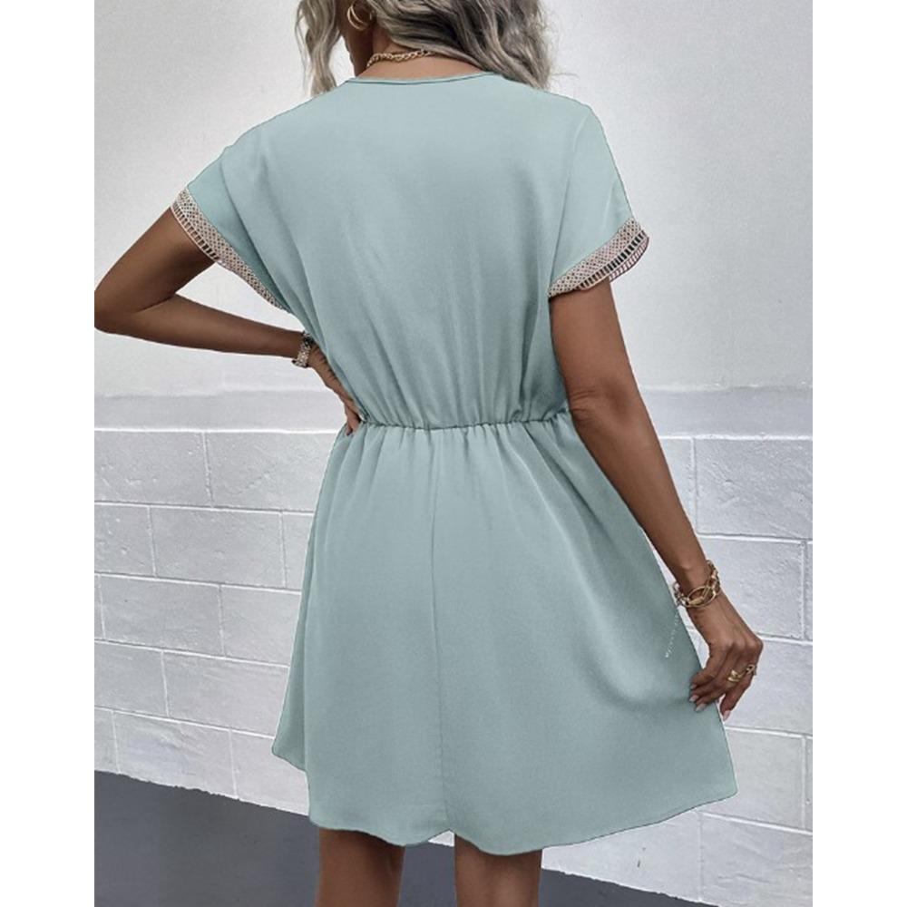 Women's Summer Dress, Spring and Summer Solid Color Short Sleeve Lace V-neck Waist-fitted Dress Casual Drawstring Waist Vacation Dress