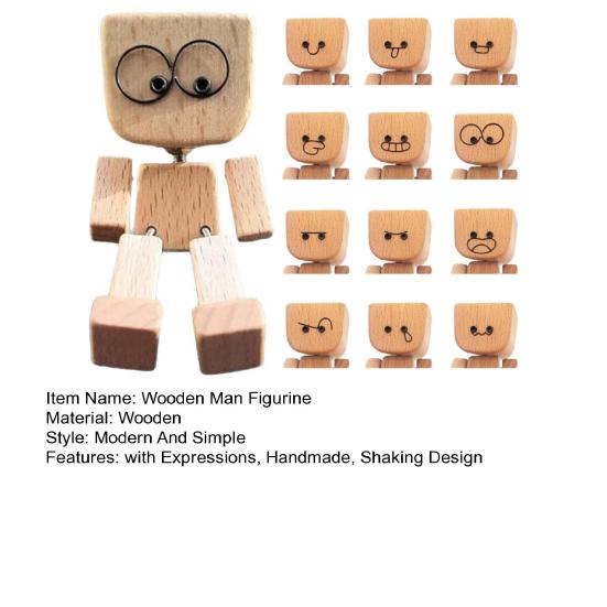 1 Set Shaking Wooden Man Figurine with 12 Expressions Handmade Shaking Feet Wooden Doll Car Dashboard Desktop Decoration