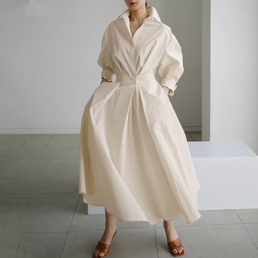 LYRIA Women's Cotton Oversized Elegant Cotton  Sundress Lapel Neck High Waist Long Sleeve Long Shirt Dress 5XL