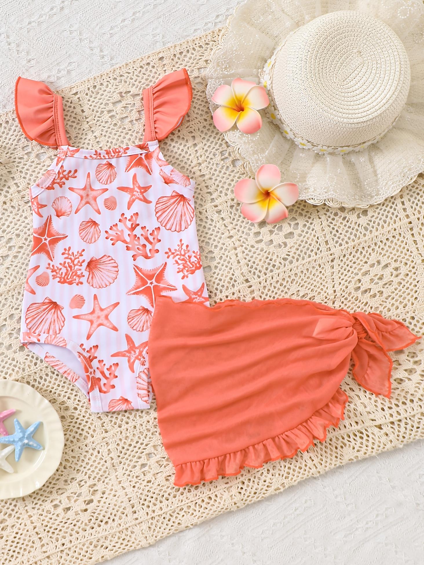 Girls Swimwear Set Fashion Starfish Shell Print Lace Bikini Top with Mesh Skirt Two Piece Outfit 80 оранжевый