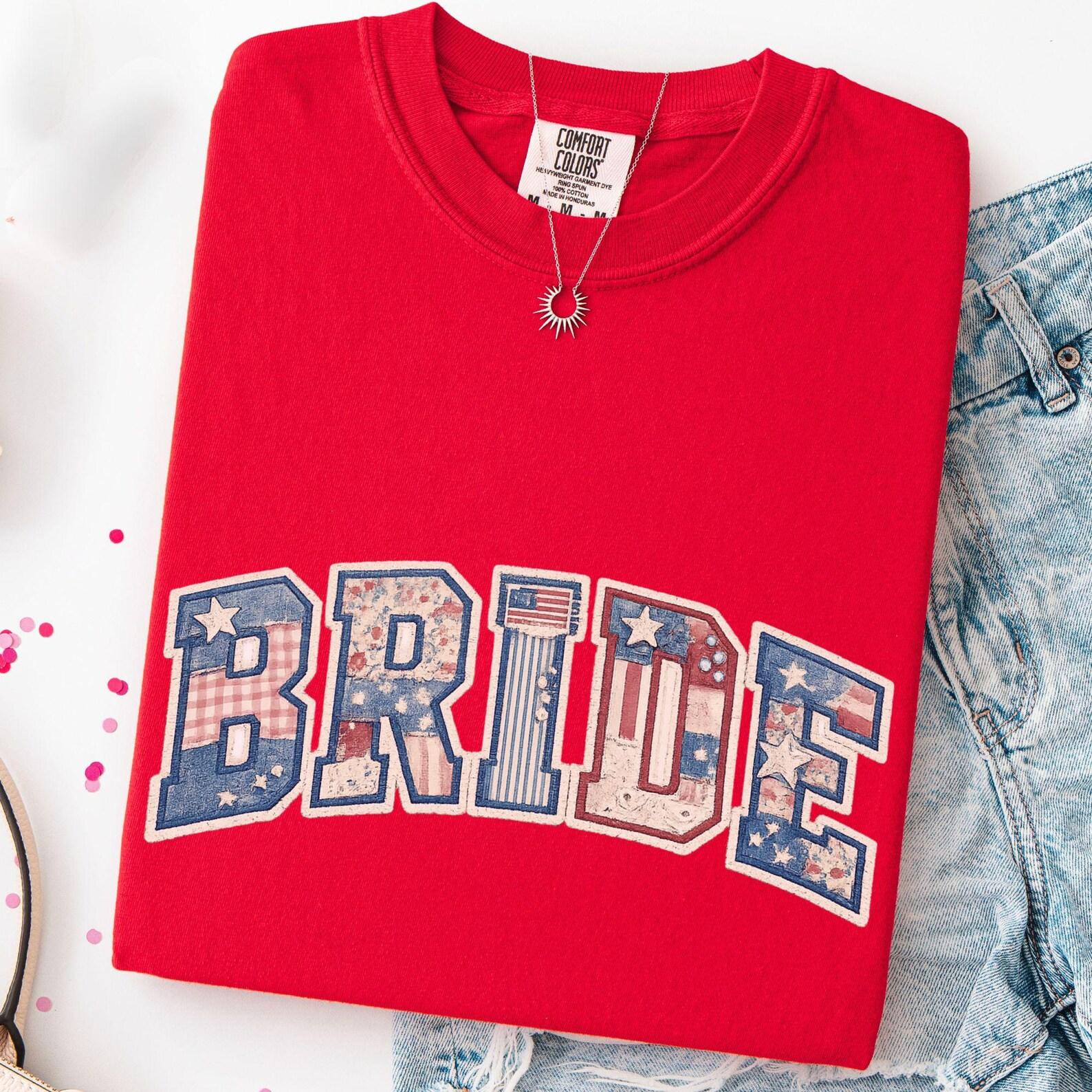 Plus Size Faux Patchwork Patriotic BRIDE T-Shirt, American Bride, Patchwork Bride Shirt, Bachelorette Party Gift, Future Mrs Engagement Tee 2XL