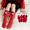 Girls' Korean Style Mid-Calf New Year Cotton Socks - Red with Hand-Holding Card Design