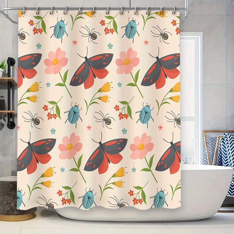 

Vintage-inspired butterfly shower curtain floral pattern for bathroom decor waterproof fabric with hooks included (black border 90x180cm