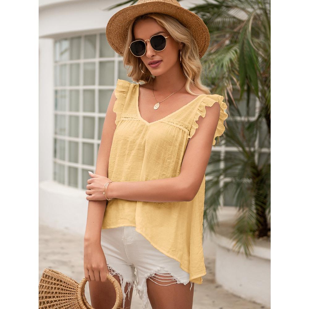 Women's Sleeveless Flutter Sleeve Lotus Collar Top, T-Shirt, Sweet Babydoll Blouse