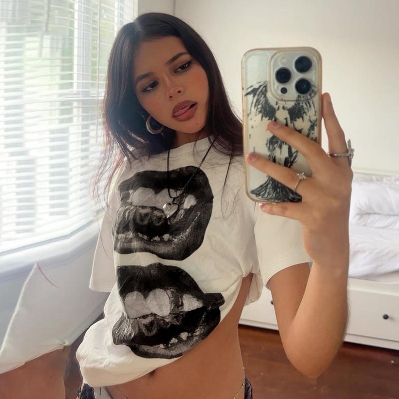 Amerikansk Street Hip Hop Munnprint Løs T-skjorte Dame Personlig Casual Topp
