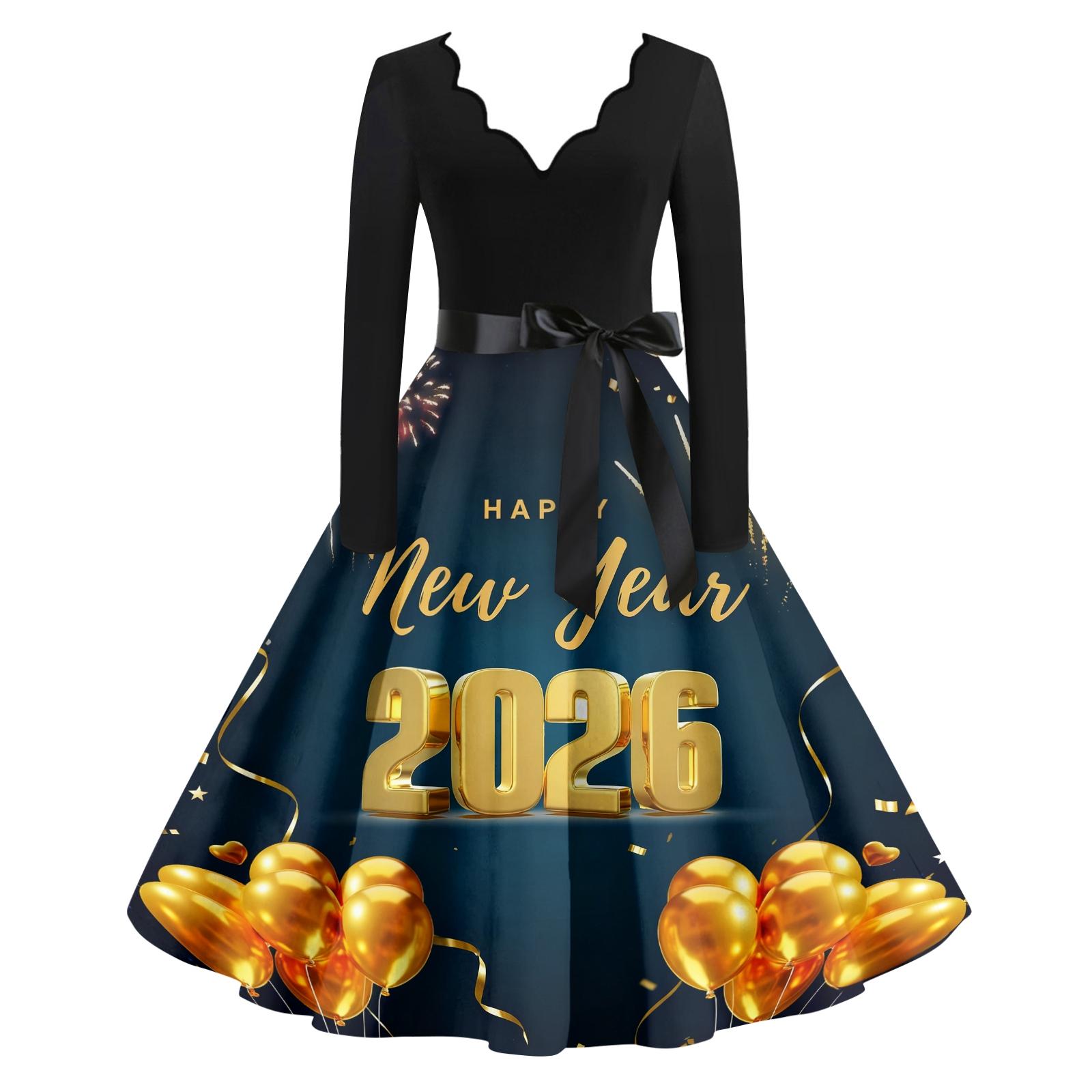 

Women s Casual Fashion New Year Printed V-Neck Vintage Dress XL жовтий