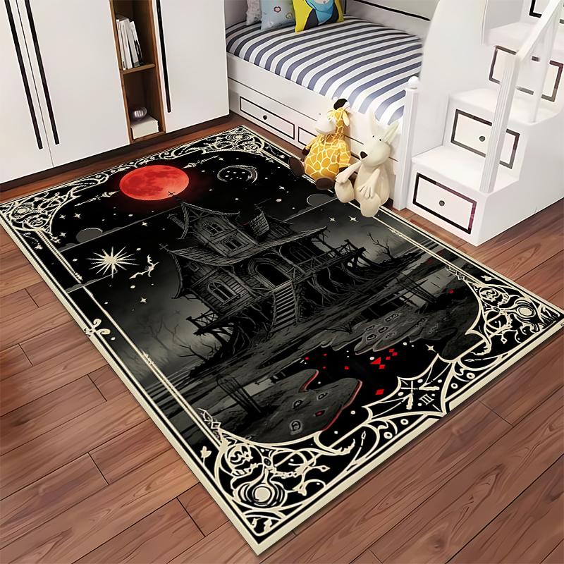Haunted House Carpet with Red Moon and Gothic Pattern Design Suitable for use as an anti-slip for living room bedroom sofas