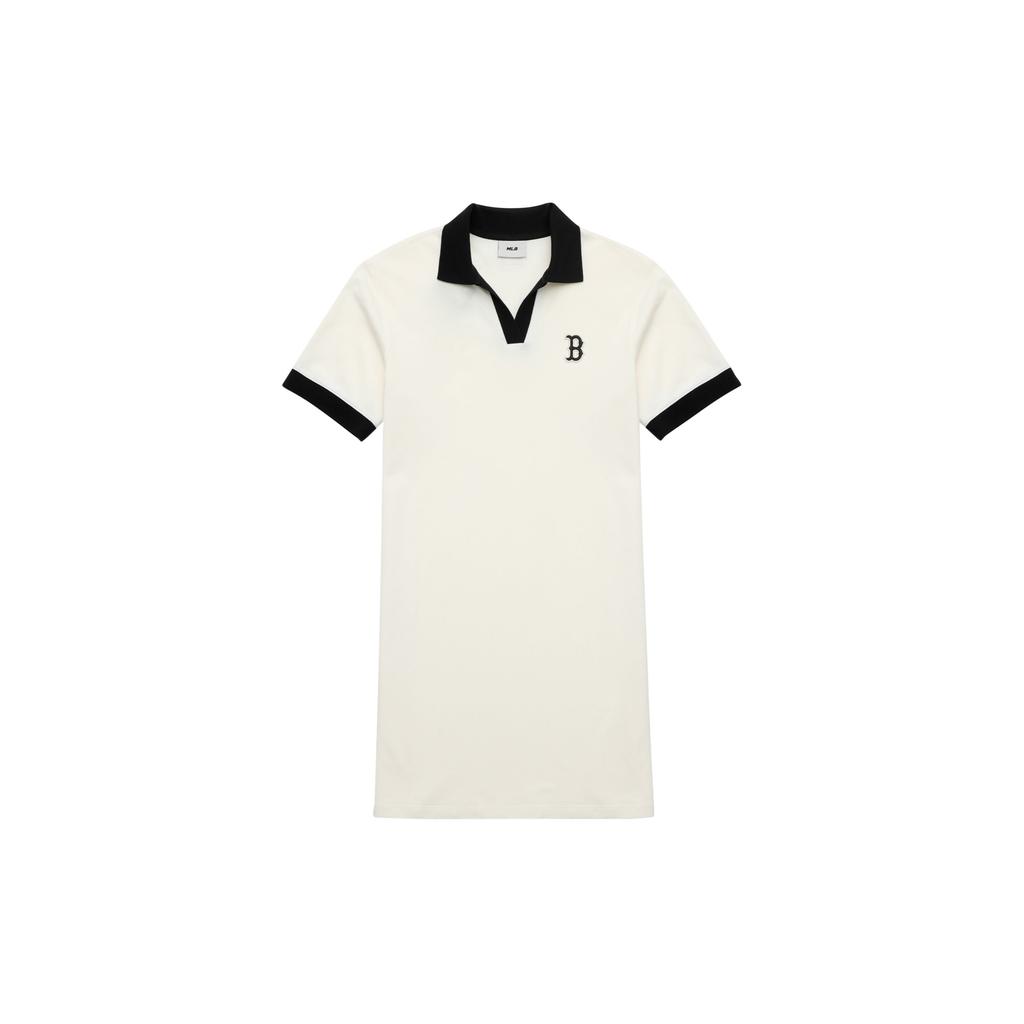 MLB Boston Red Sox Logo Embroidered Color Block Athletic Moisture-Wicking Breathable V-Neck Short Sleeve Dress Women dress White 3FOPB0333-43CRS