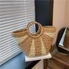 Straw Handbags Handwoven Beach Top-Handle Bags Hollow Out Stripe Tote Hand Bags Large Capacity Half-Moon Bag for Vacation Travel