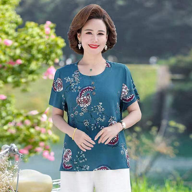 Dámské krátkorukávové s velkým potiskem Ledové hedvábí Krátkorukávové Volné Velké Velikosti Top Trhané Květiny Sto Triček