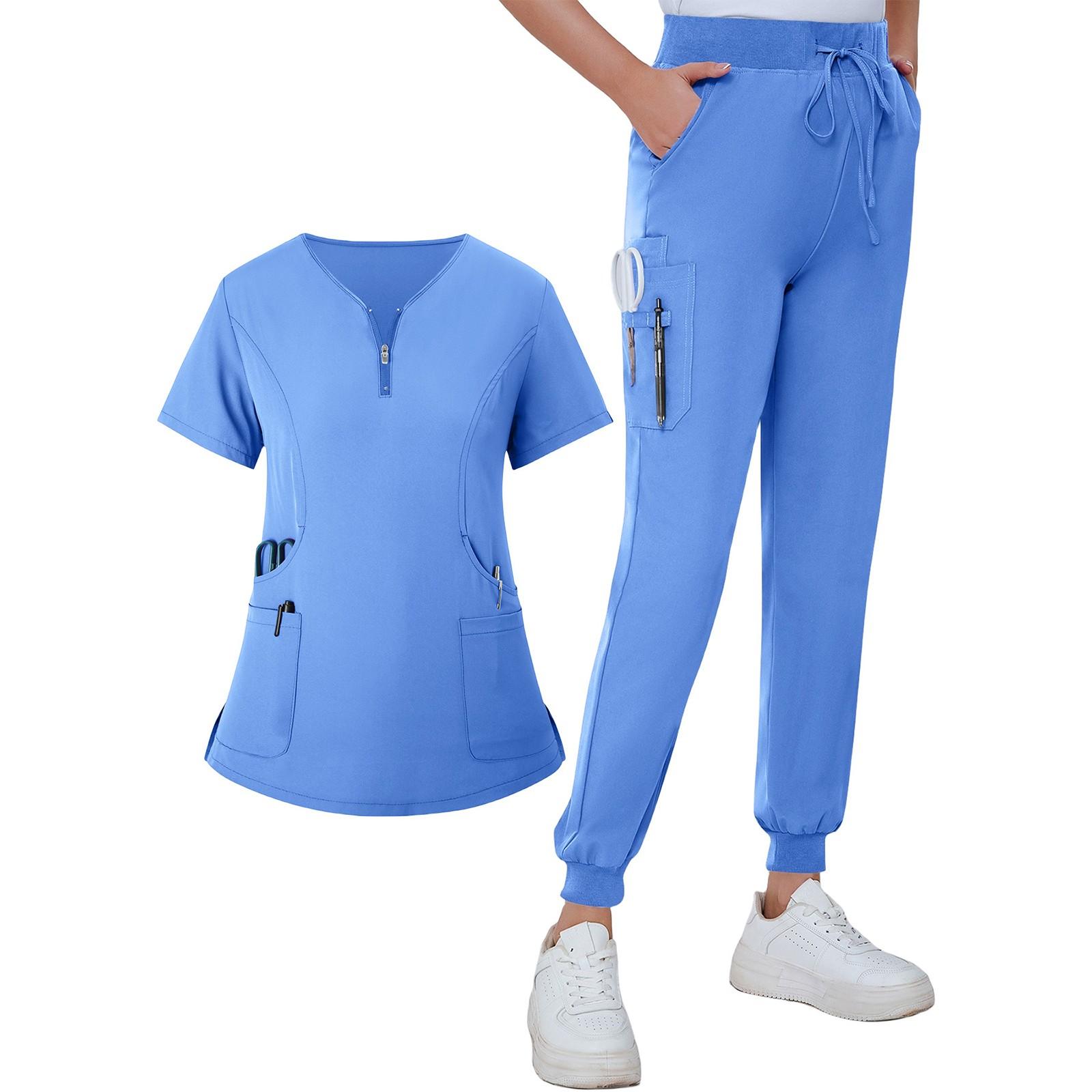 Женская летняя свободная униформа с V-образным вырезом на молнии с карманами и короткими — фото 6