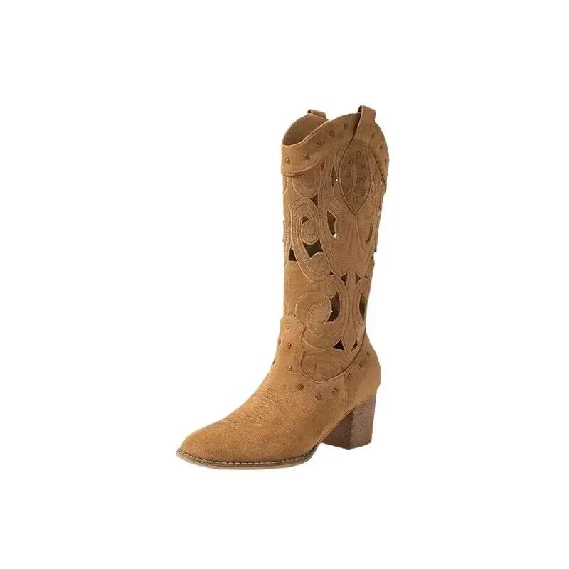 Stivali Western da Donna a Mezza Gamba con Tacco Ricamo Intagliati Stivali da Cowboy per Donna Moda Autunno Inverno Pelle PU Botas Mujer