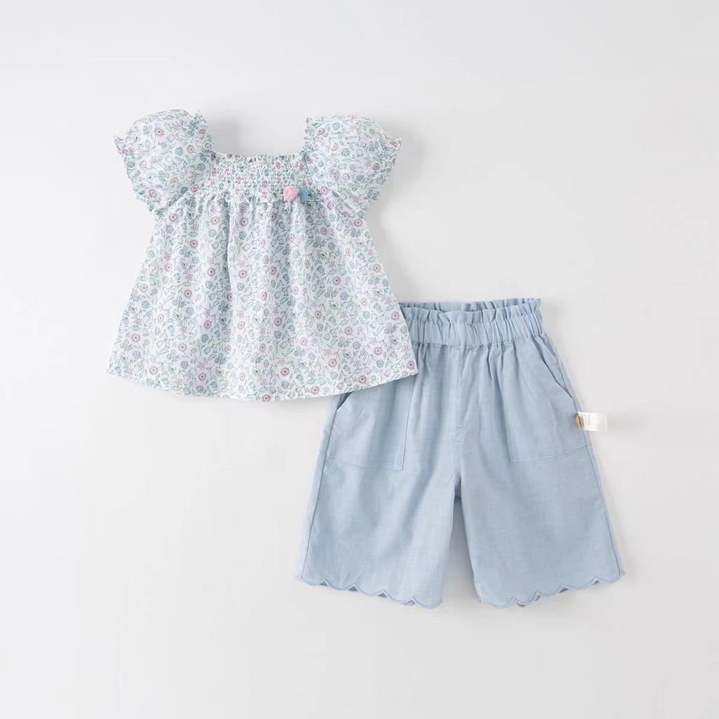David Bella Children's Set Summer Dress Girls' Lantern Sleeve Top Wide Leg Seven Leg Pants Two Piece Set