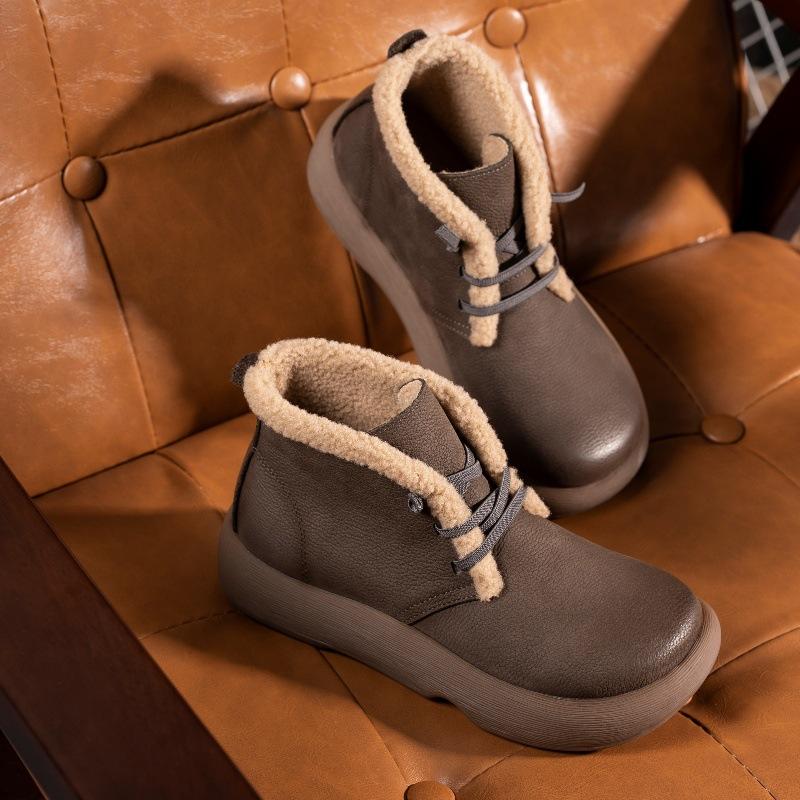 Rindsleder Plateau Martin Stiefel Damen Herbst und Winter neue vielseitige Leder Kurzstiefel Samt lässig Retro Damenschuhe