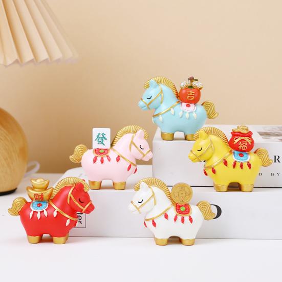 Chinese Style Horse Statue Golden Ingot Lucky Bag Persimmon Copper Coin Cartoon Pony Figurine Desktop Feng Shui Decoration Ornament