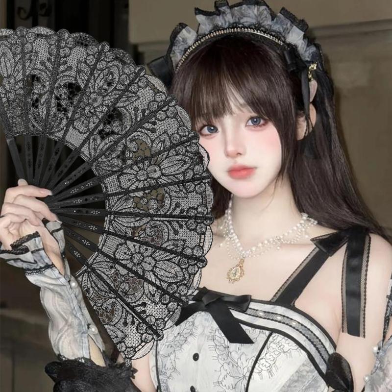 Elegant Anime Bamboo Hand Fan With Intricate Lace Detailing For Cosplay Event And Vintage Themed Parties