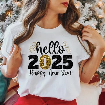 Hola 2025 Camisetas Estampadas para Mujer Moda Casual Manga Corta Cuello Redondo Ropa Divertida Año Nuevo Mujer Tops Regalos Fiesta Navideña T Shi