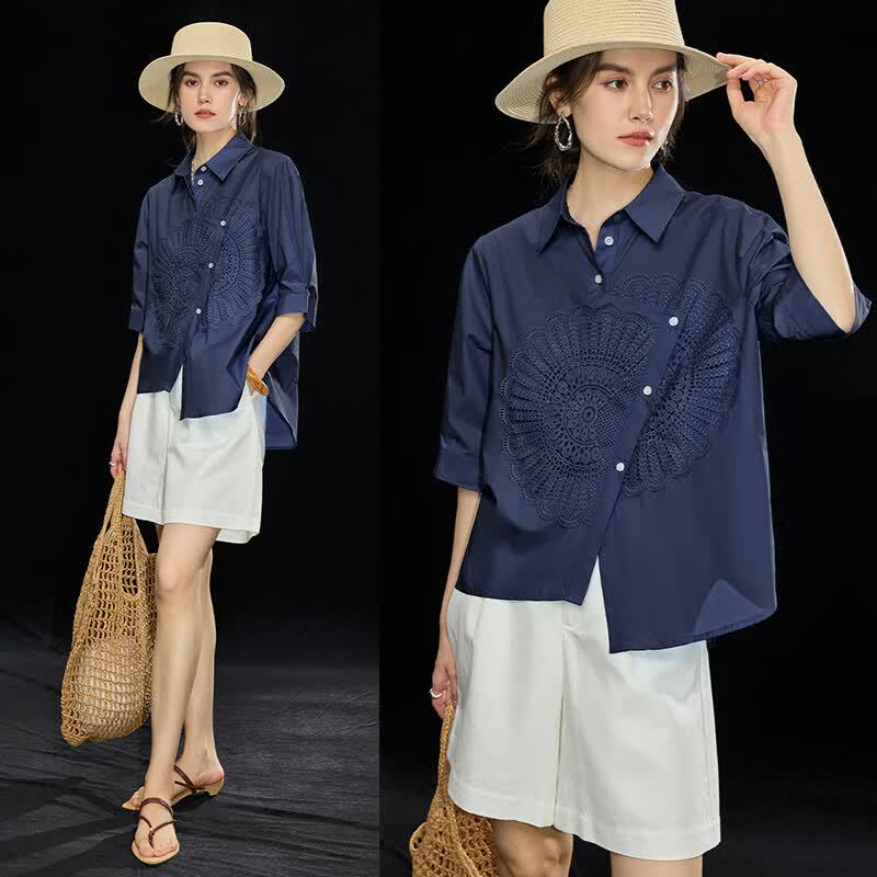 Wudao Women s 2026 Summer Lace Cotton Short Sleeve Shirt XL темно-синий