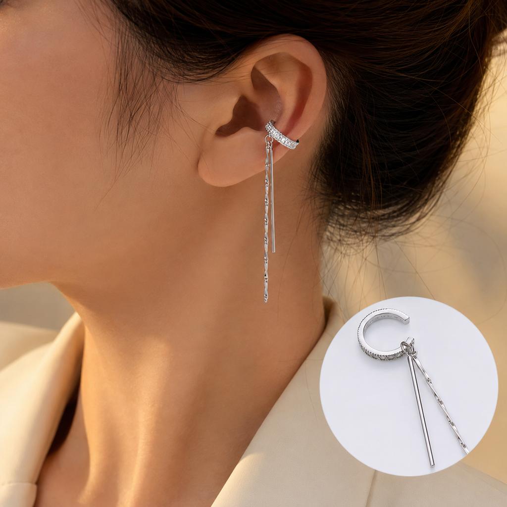 Luxury Cubic Zirconia Tassel Ear Cuff Earrings for Women Silver Tone Long Dangle Jewelry Evening Party Gift Accessories Set