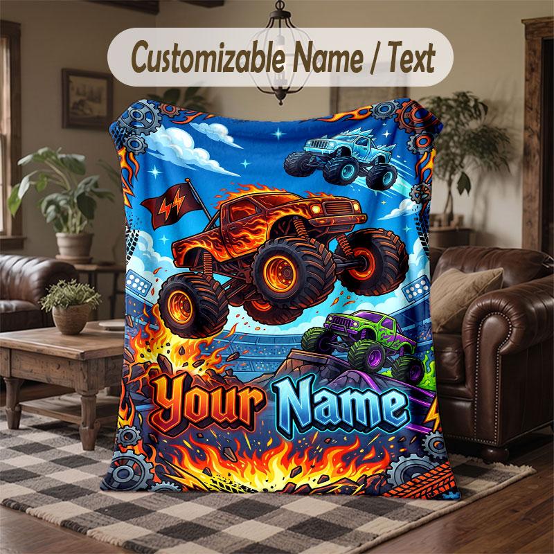 Truck Theme Throw Blanket Custom Name Text Personalized Blanket Soft Cozy Blanket for Home Sofa Bed