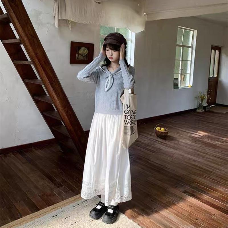 Spring 2026 Korean Slimming Lace-Trim White Midi Skirt