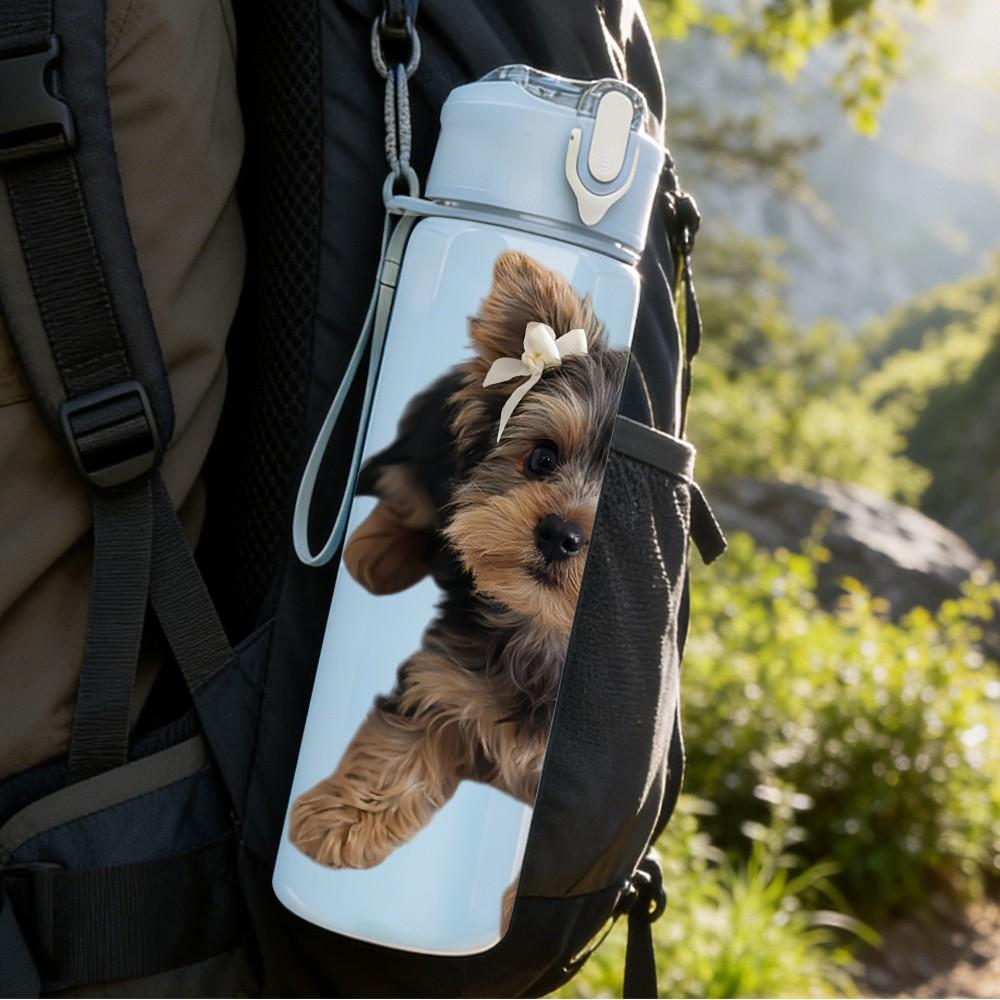 1PC Fluffy Faced Yorkie Puppy 750ml Color Plastic Sports Water Bottle Leakproof Flip Straw Lid Suitable for Sports Office Home Use