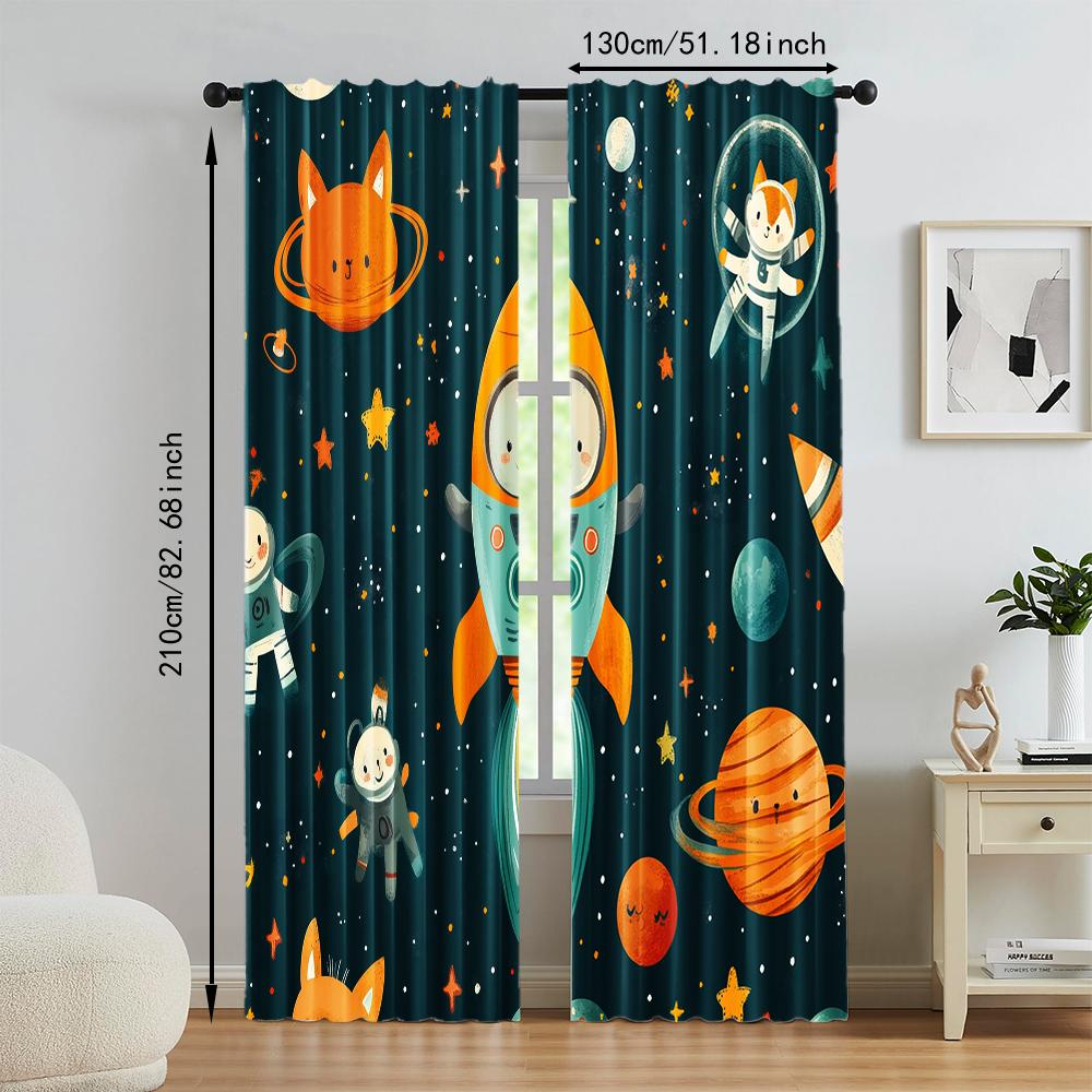 Set Of 2 Versatile Polyester Transparent Curtains Home Decoration Cartoon Spaceman Outer Planet Use Bedrooms Living Curtain Perfect For Bedroom Decor