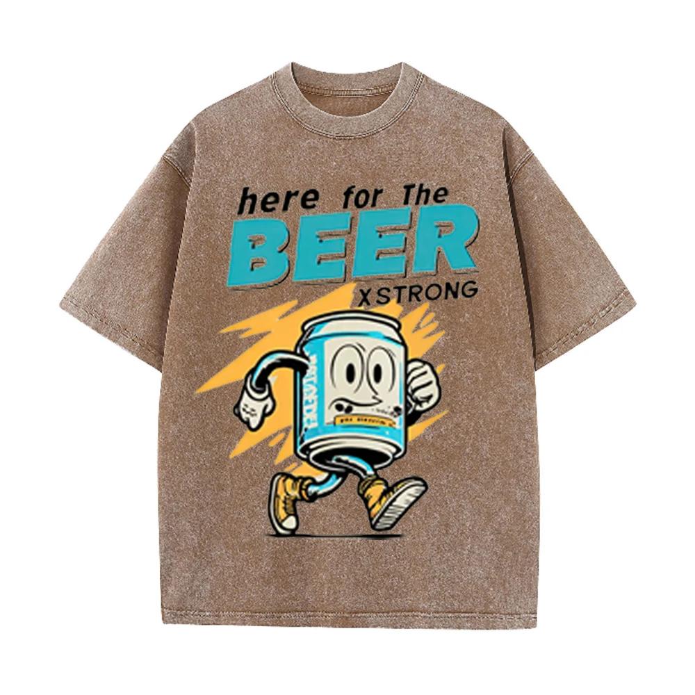 2026 Here For The Beer Retro Cartoon Can Print Unisex T Shirt Vintage Washed Short Sleeve Casual Streetwear Party Tee